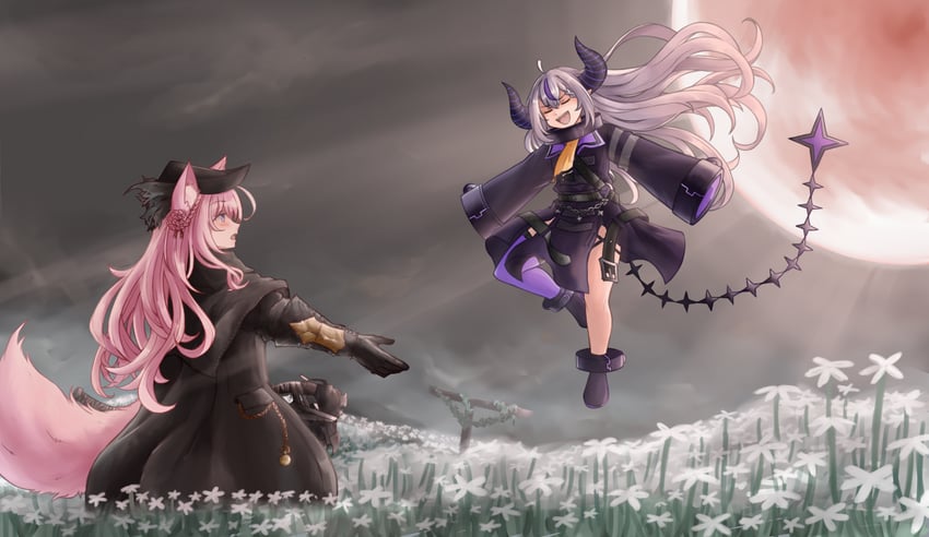 la+ darknesss, hakui koyori, and hunter (hololive and 1 more) drawn by orakuru_(oracle_art)