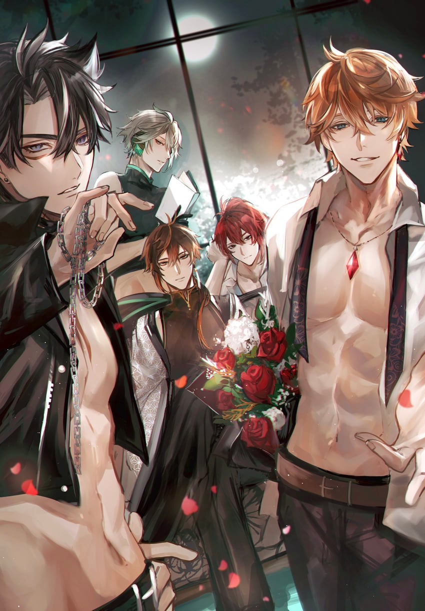zhongli, tartaglia, diluc, alhaitham, and wriothesley (genshin impact) drawn by orz_orr