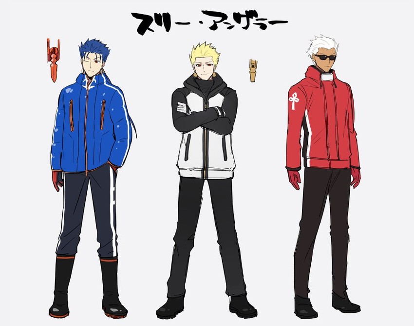 gilgamesh, cu chulainn, and archer (fate and 1 more) drawn by nitaka_(fujikichi)