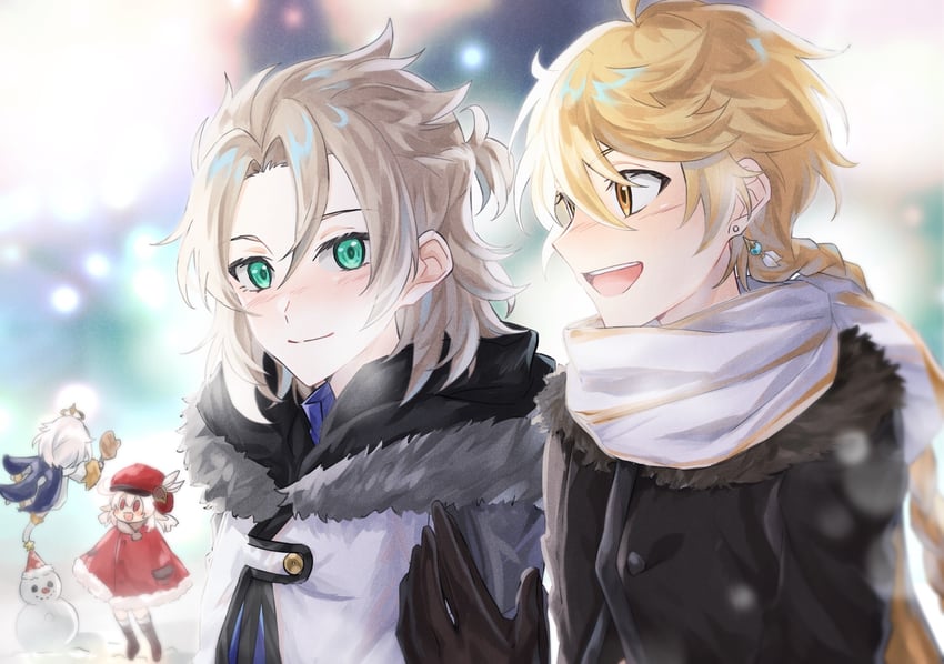 aether, paimon, klee, and albedo (genshin impact) drawn by mizuamememe