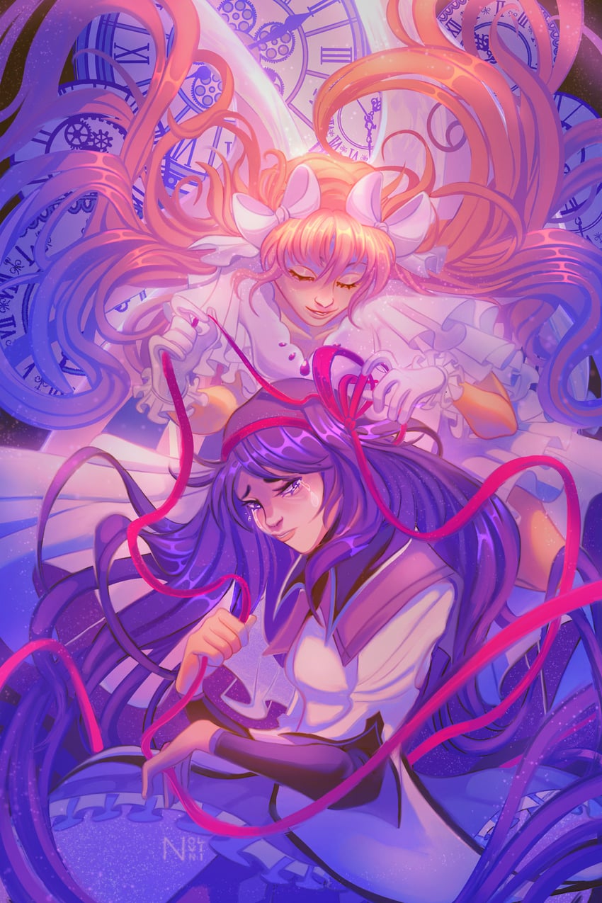 akemi homura, kaname madoka, and ultimate madoka (mahou shoujo madoka magica) drawn by nolvini