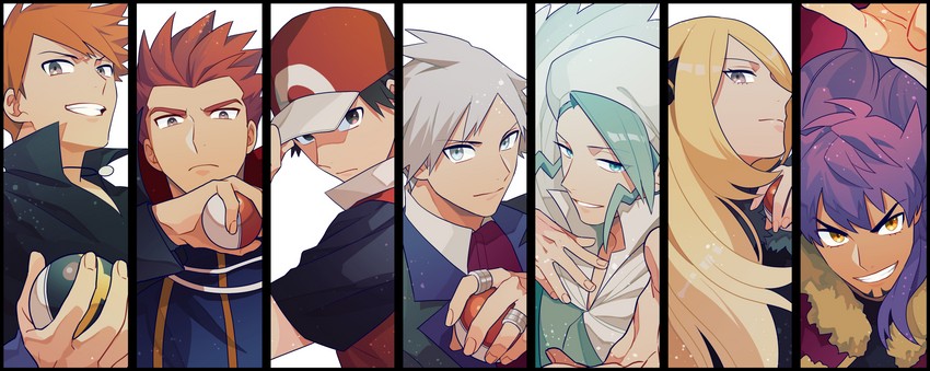 cynthia, red, leon, blue oak, steven stone, and 2 more (pokemon and 5 more) drawn by y_(036_yng)