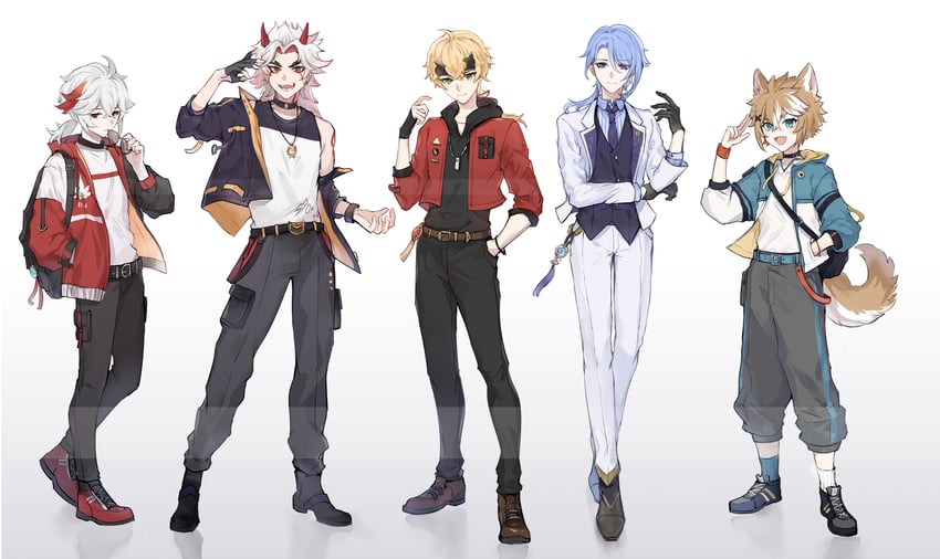 kaedehara kazuha, kamisato ayato, arataki itto, thoma, and gorou (genshin impact) drawn by mokusato