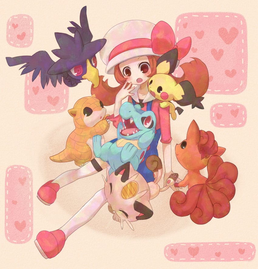 lyra, meowth, pichu, totodile, vulpix, and 2 more (pokemon and 1 more) drawn by okamori_kuo