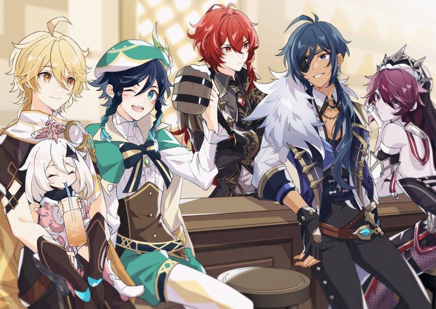 aether, venti, paimon, diluc, kaeya, and 1 more (genshin impact) drawn by mizuamememe