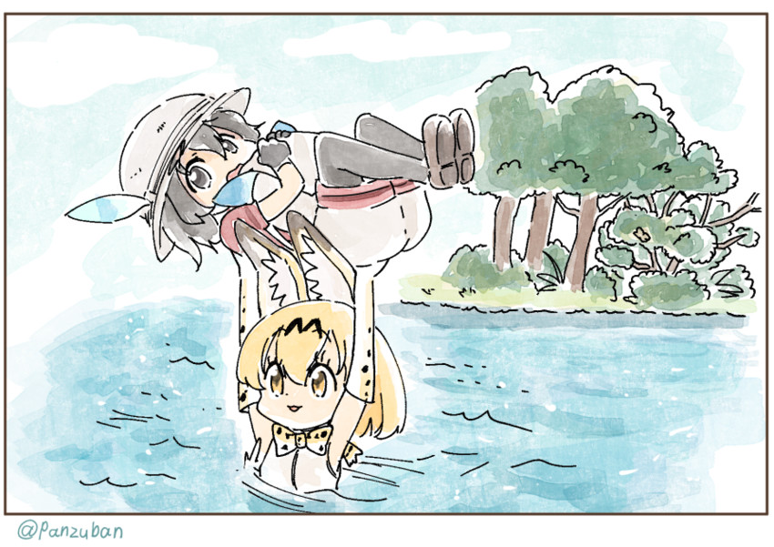 serval, kaban, and lucky beast (kemono friends) drawn by panzuban