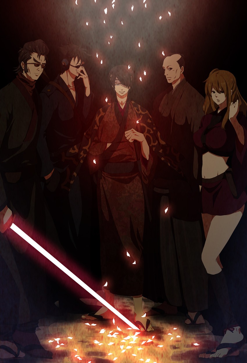 takasugi shinsuke, kijima matako, kawakami bansai, takechi henpeita, and okada nizou (gintama) drawn by deco_(geigeki_honey)