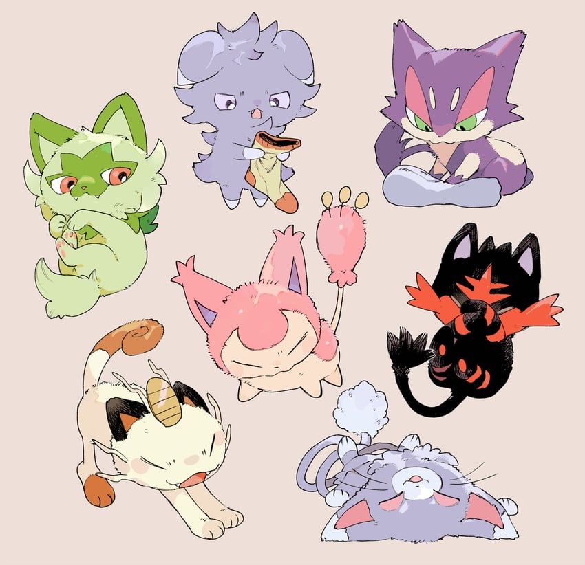 sprigatito, meowth, litten, skitty, espurr, and 2 more (pokemon) drawn by newo_(shinra-p)
