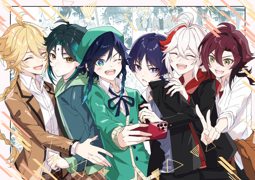 scaramouche, aether, venti, xiao, and kaedehara kazuha (genshin impact) drawn by mizuamememe