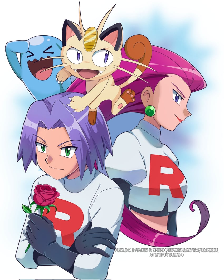 jessie, james, meowth, and wobbuffet (pokemon) drawn by miyuki_tsukiyono