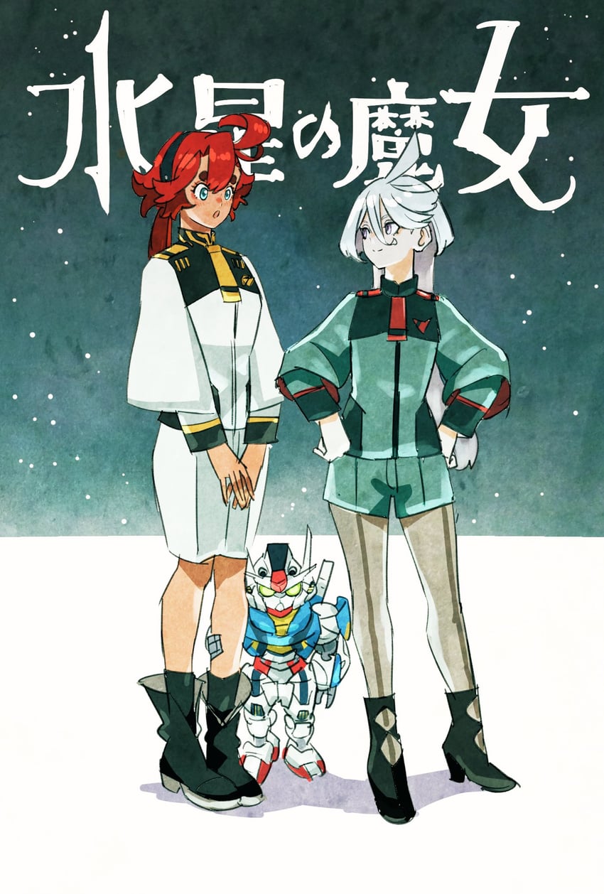 suletta mercury, miorine rembran, and gundam aerial (gundam and 1 more) drawn by takeuchi_ryousuke