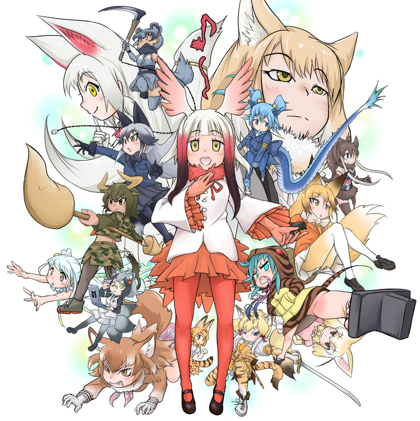 serval, fennec, silver fox, japanese crested ibis, ezo red fox, and 11 more (kemono friends) drawn by doitsuken