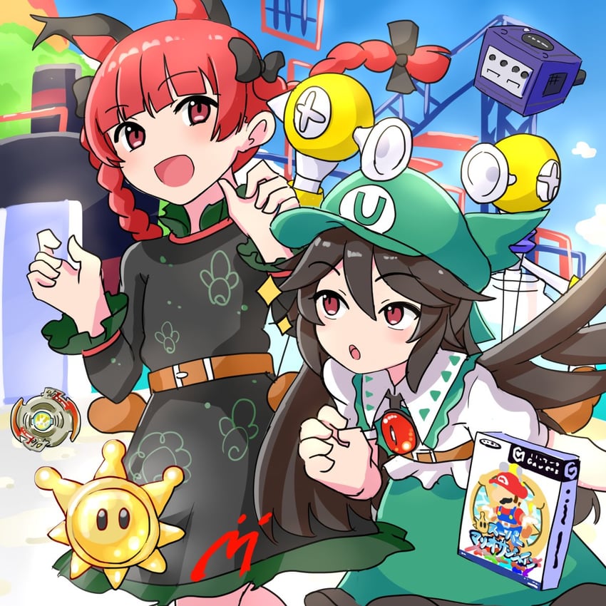 kaenbyou rin, reiuji utsuho, mario, and f.l.u.d.d. (touhou and 3 more) drawn by kappy745