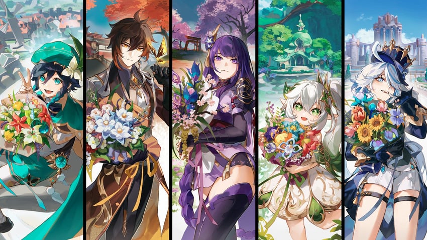 raiden shogun, furina, nahida, zhongli, and venti (genshin impact) drawn by srro_yo