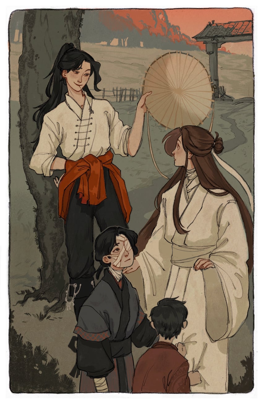 xie lian, hua cheng, guzi, and lang ying (tianguan cifu) drawn by yaroslava_murashko