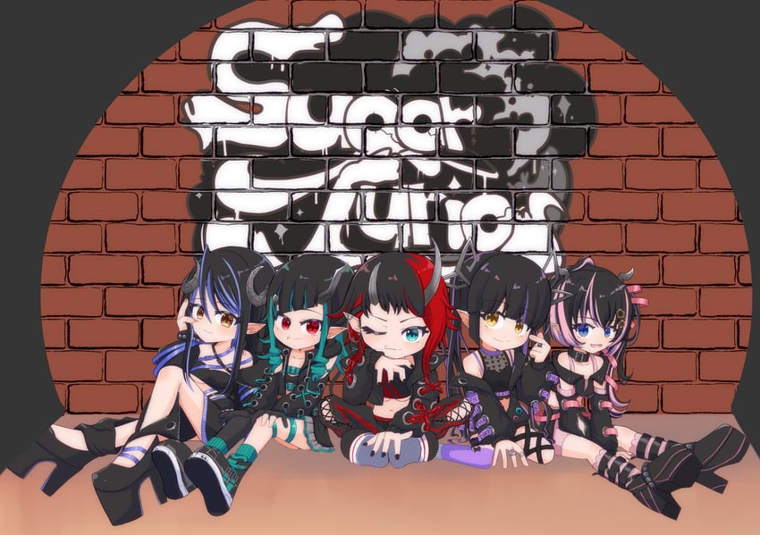 shishio chris, ryugasaki rene, kojo anna, hebiyoi tier, and oinomori may (nanashi inc. and 1 more) drawn by rokusuke_nonaka