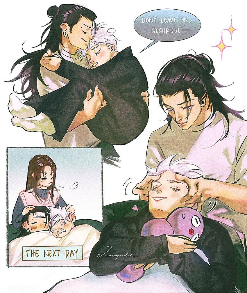 gojou satoru, getou suguru, and ieiri shoko (jujutsu kaisen) drawn by lacampanule