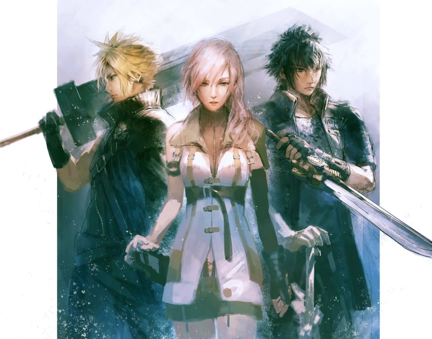 cloud strife, lightning farron, noctis lucis caelum, and fenrir (final fantasy and 4 more) drawn by asina71