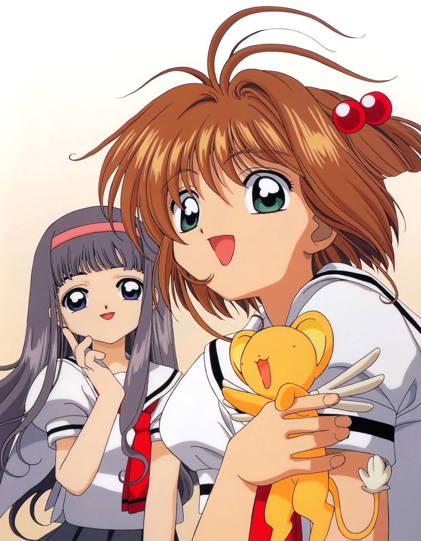 kinomoto sakura, kero, and daidouji tomoyo (cardcaptor sakura) drawn by fujita_mariko