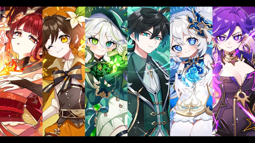 raiden shogun, furina, nahida, zhongli, venti, and 1 more (genshin impact) drawn by oishii_sasa