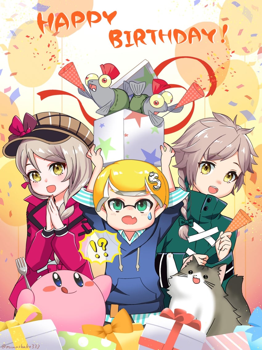 inkling player character, kirby, smallfry, framme, and clanne (fire emblem and 3 more) drawn by momosyake333