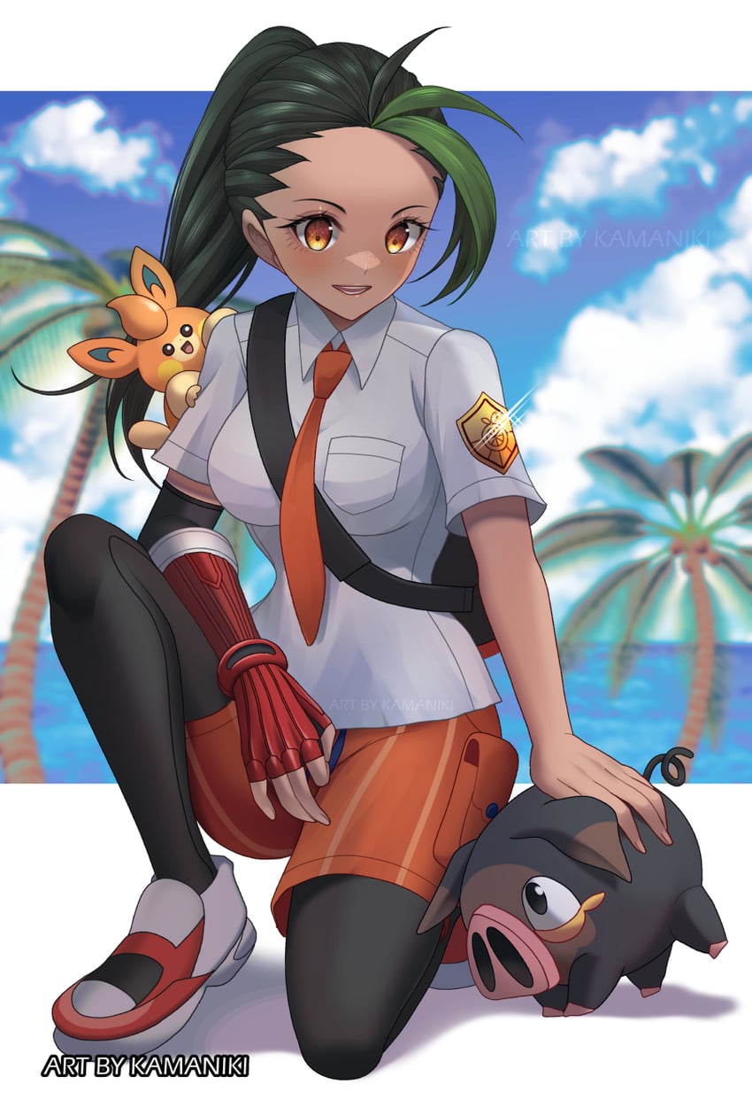 nemona, pawmi, and lechonk (pokemon and 1 more) drawn by kamaniki