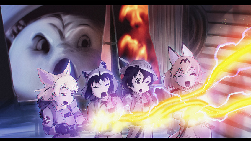 serval, kaban, common raccoon, fennec, and stay puft (kemono friends and 1 more) drawn by ueyama_michirou