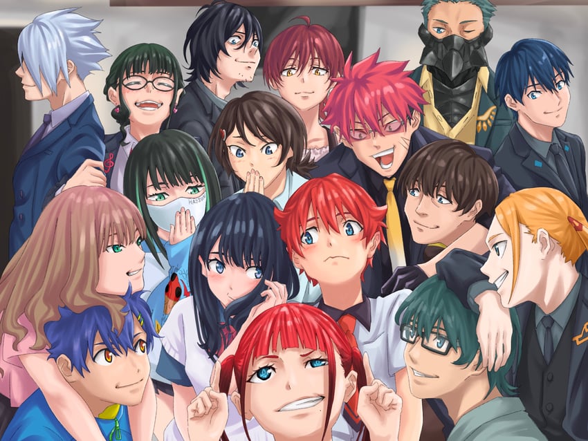 takarada rikka, minami yume, hibiki yuuta, asanaka yomogi, anosillus ii, and 12 more (gridman universe) drawn by aida_kensuke_(sword_fish3)