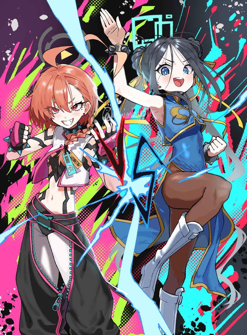 aris, chun-li, neru, and han juri (blue archive and 1 more) drawn by jjigong_chigon