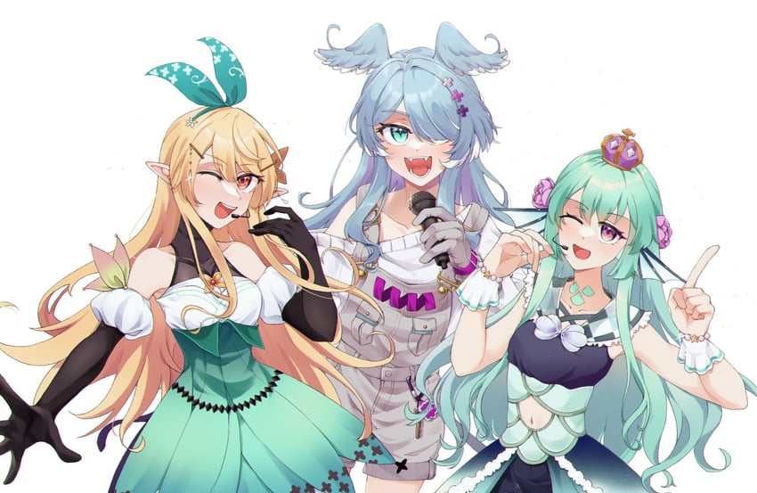 elira pendora, pomu rainpuff, and finana ryugu (nijisanji and 1 more) drawn by nineone_o
