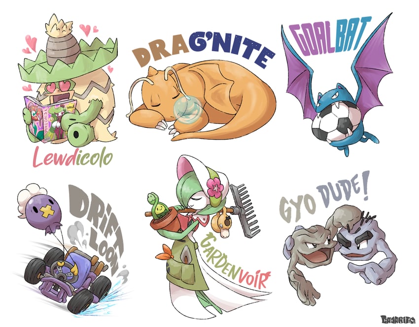 gardevoir, dragonite, drifloon, budew, tsareena, and 5 more (pokemon and 3 more) drawn by elcajarito