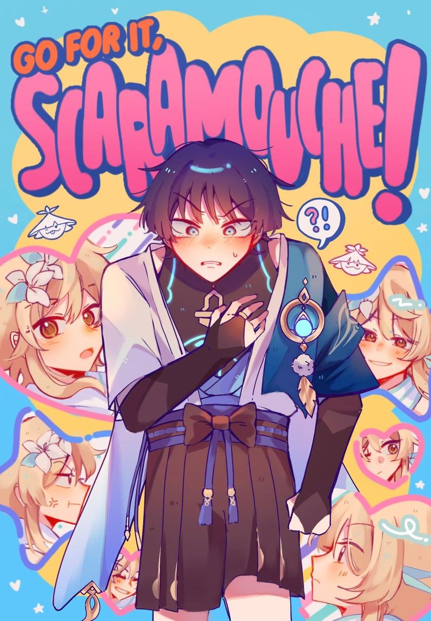 lumine, scaramouche, wanderer, and aranara (genshin impact and 1 more) drawn by alphastroo