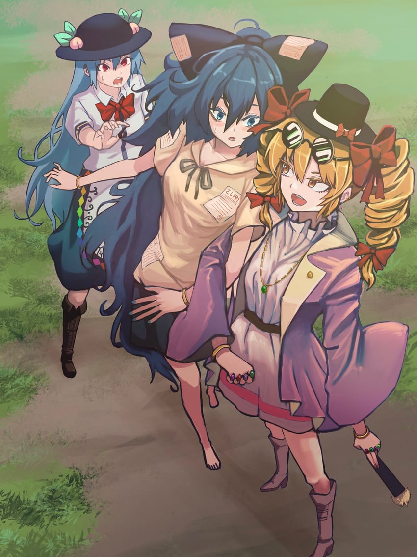 hinanawi tenshi, yorigami shion, and yorigami jo'on (touhou) drawn by kaden_(muxt8423)