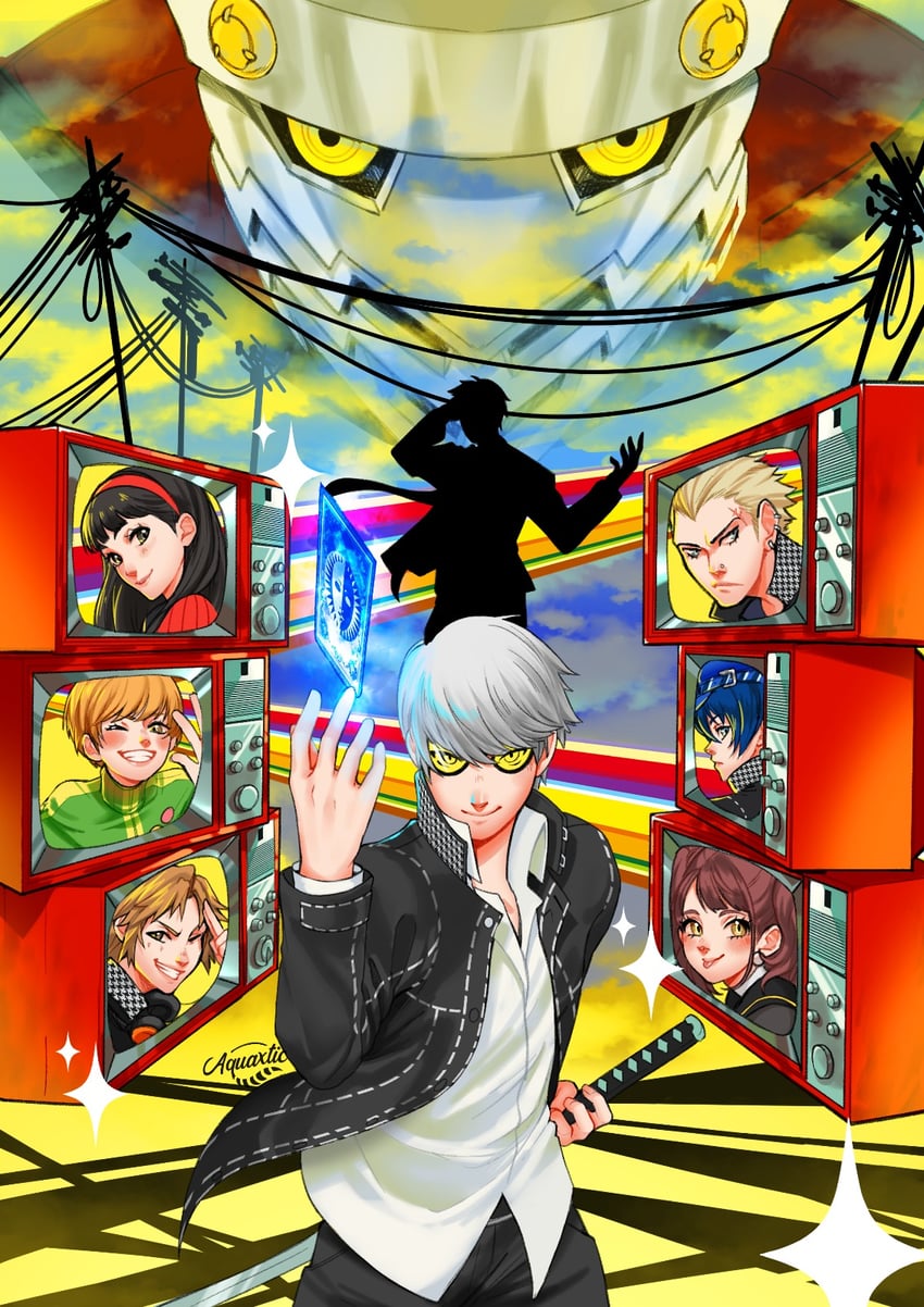 narukami yu, shirogane naoto, satonaka chie, kujikawa rise, amagi yukiko, and 4 more (persona and 1 more) drawn by aquaxtic