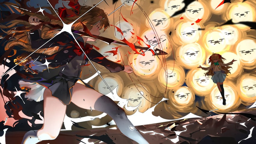 neuro-sama, evil neuro-sama, and swarm drone (vedal ai) drawn by sorenftt
