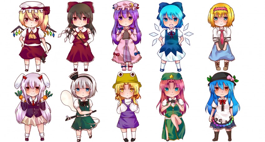 hakurei reimu, flandre scarlet, konpaku youmu, alice margatroid, cirno, and 5 more (touhou) drawn by ari_suzushi