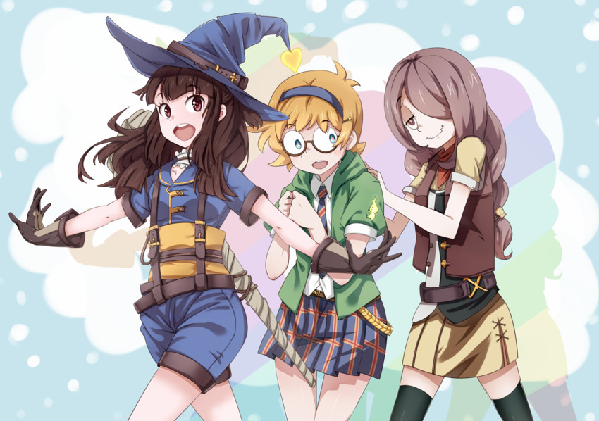 kagari atsuko, sucy manbavaran, and lotte jansson (little witch academia) drawn by gosledging