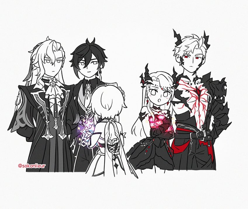 lumine, zhongli, neuvillette, protagonist, and sylus (genshin impact and 1 more) drawn by sakon04