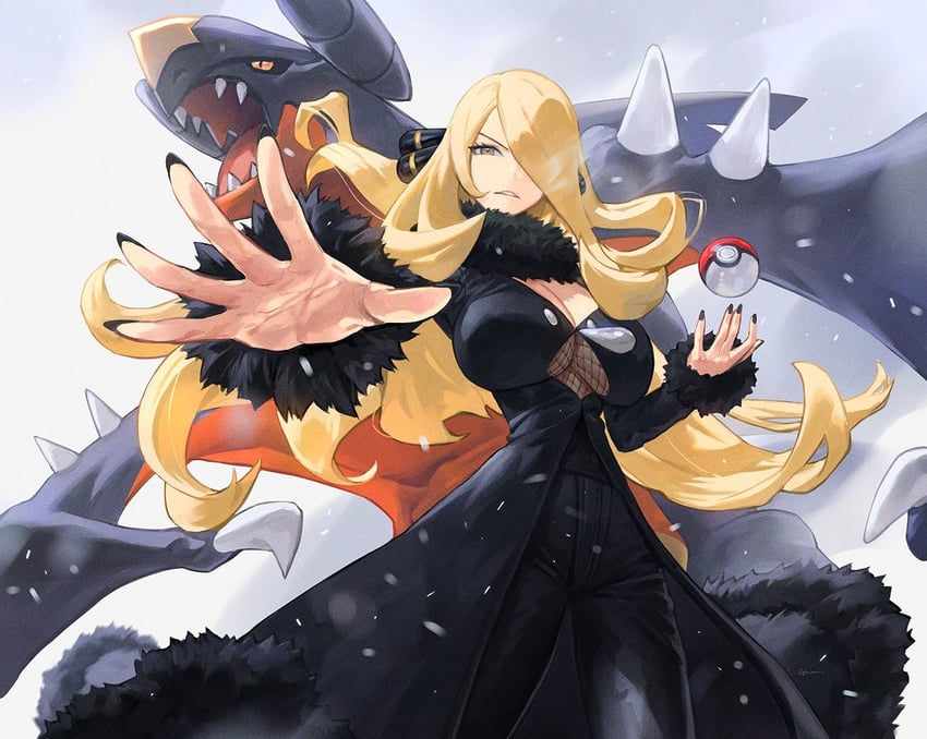 cynthia and garchomp (pokemon and 1 more) drawn by etama_quomo