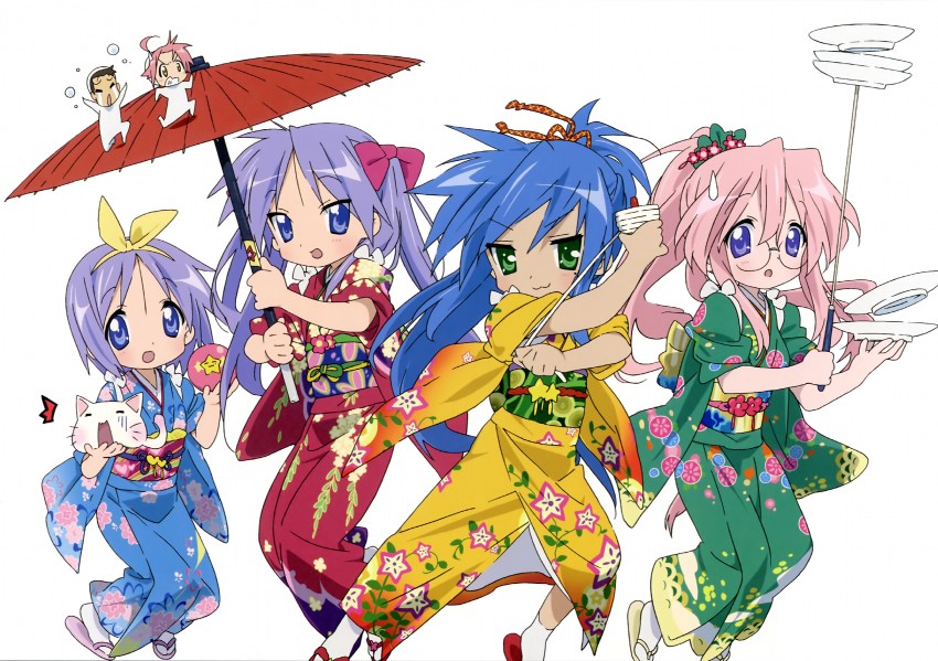 hiiragi kagami, izumi konata, hiiragi tsukasa, takara miyuki, kogami akira, and 1 more (lucky star) drawn by horiguchi_yukiko