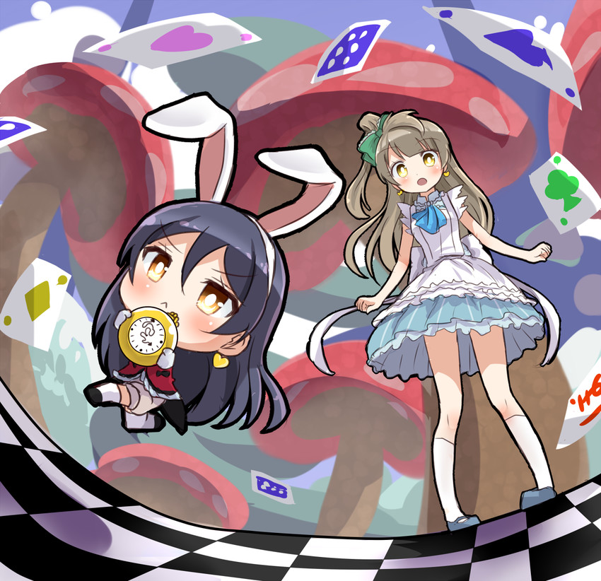 sonoda umi, minami kotori, alice, and white rabbit (love live! and 2 more) drawn by shipii_(jigglypuff)