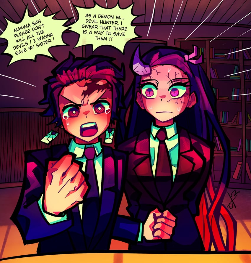 kamado nezuko and kamado tanjirou (chainsaw man and 1 more) drawn by alpharecdyt
