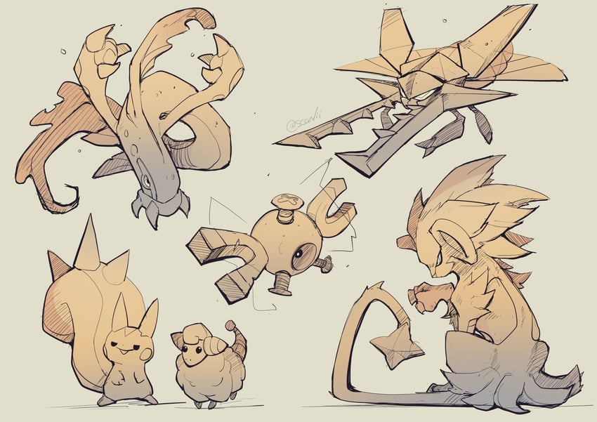 magnemite, pachirisu, luxray, mareep, eelektross, and 1 more (pokemon) drawn by scarvii