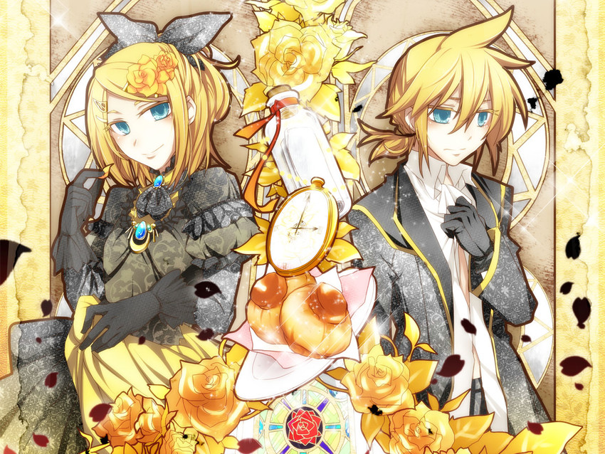 kagamine rin, kagamine len, riliane lucifen d'autriche, and allen avadonia (vocaloid and 3 more) drawn by haru_aki