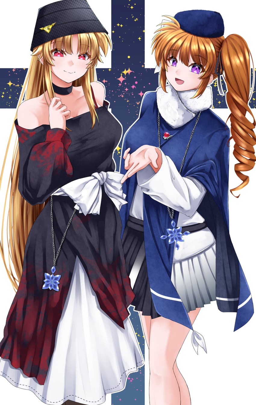 fate testarossa, takamachi nanoha, raising heart, and bardiche (lyrical nanoha and 2 more) drawn by sougetsu_izuki