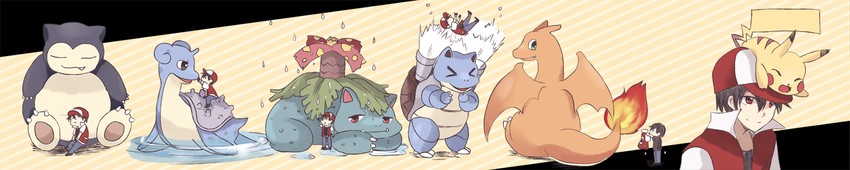 pikachu, red, charizard, snorlax, lapras, and 2 more (pokemon and 1 more) drawn by chocho_(homelessfox)