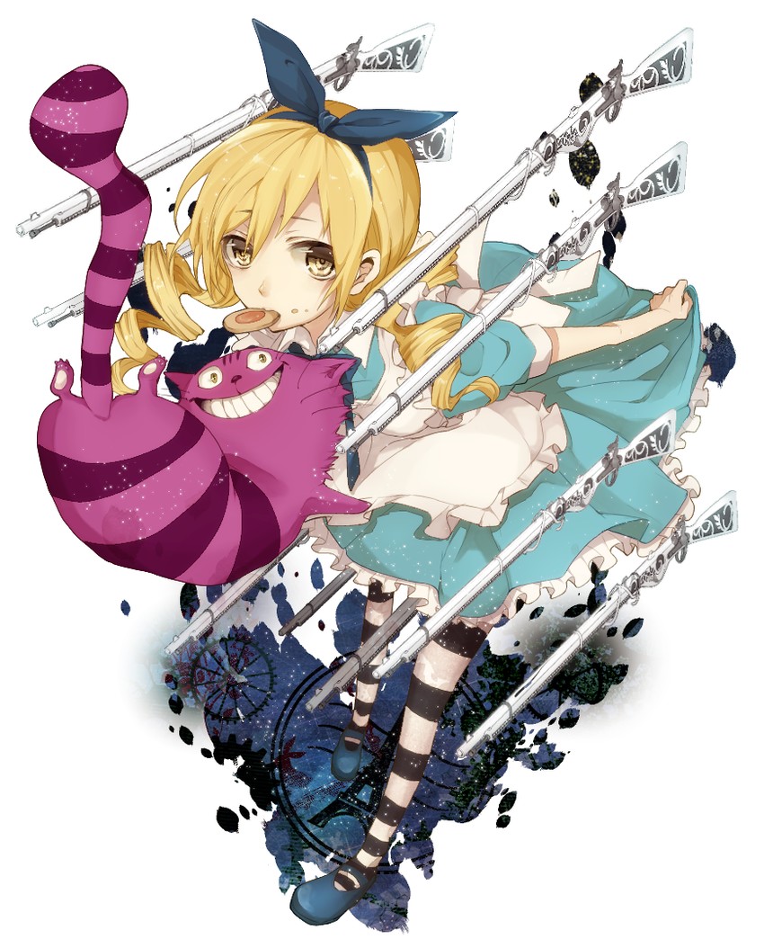 tomoe mami, alice, and cheshire cat (mahou shoujo madoka magica and 1 more) drawn by akamega