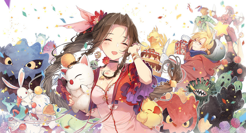 cloud strife, aerith gainsborough, moogle, sabotender, tonberry, and 2 more (final fantasy and 1 more) drawn by kieta