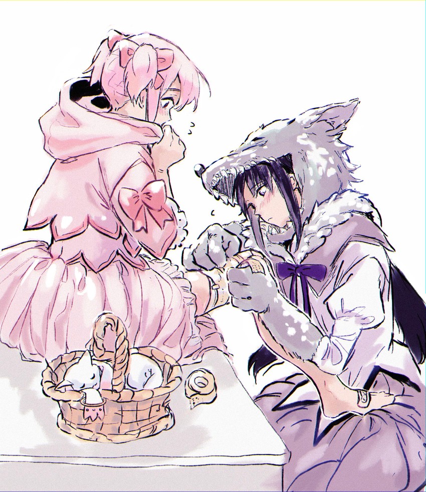 akemi homura, kaname madoka, kyubey, little red riding hood, and big bad wolf (mahou shoujo madoka magica and 1 more) drawn by koyomania