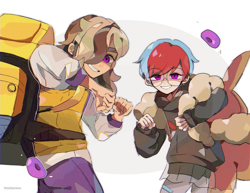 eevee, penny, arven, and pecharunt (pokemon and 1 more) drawn by piyomaru_(hachiyonnxxxx)